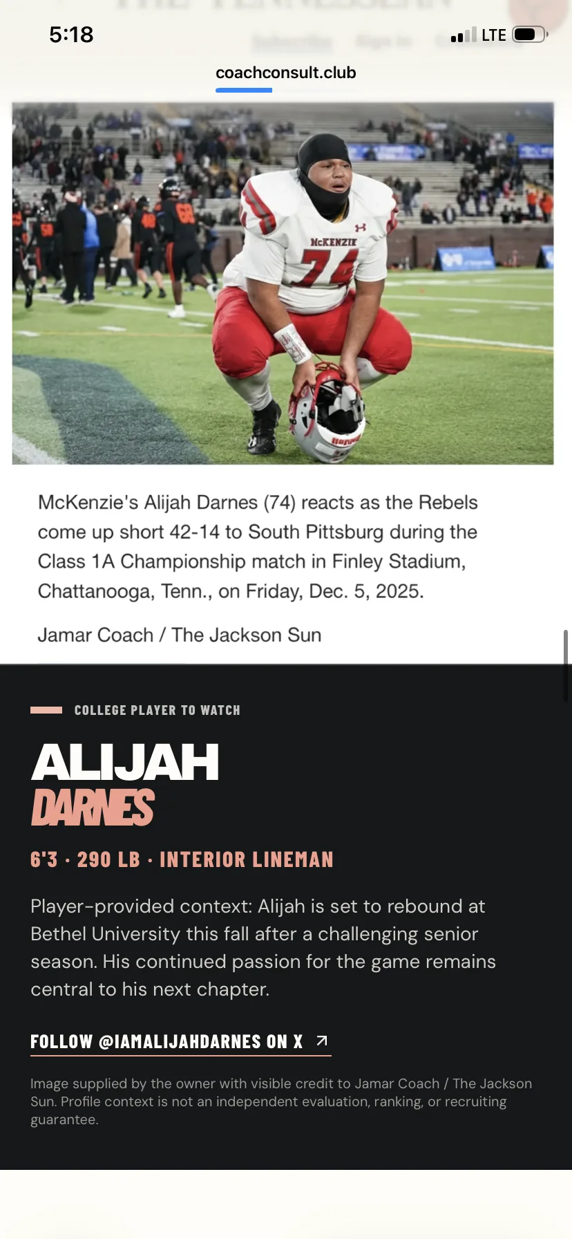 Alijah Darnes in uniform on the field during a championship football game