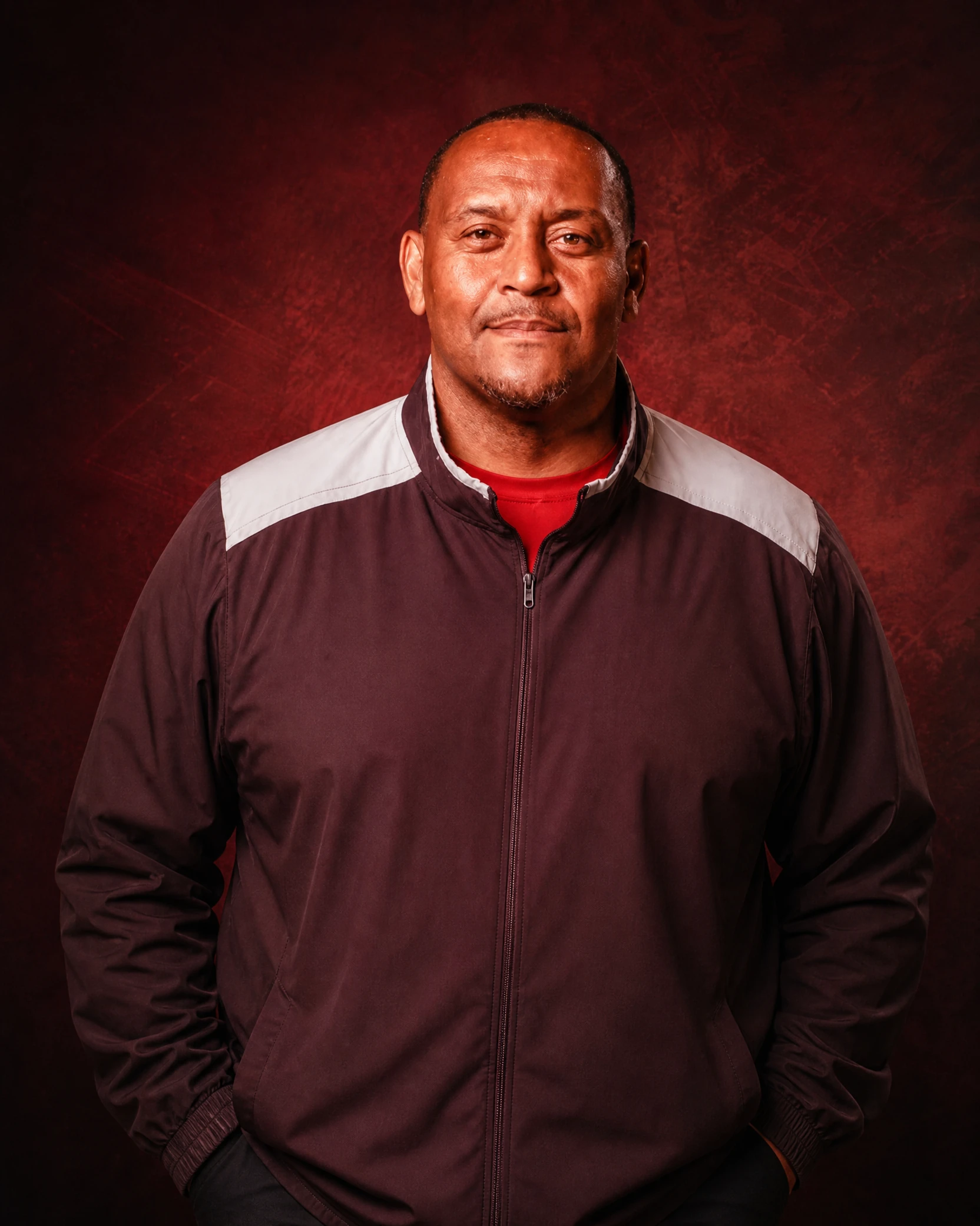 Coach Josh Wolfe in a maroon coaching jacket