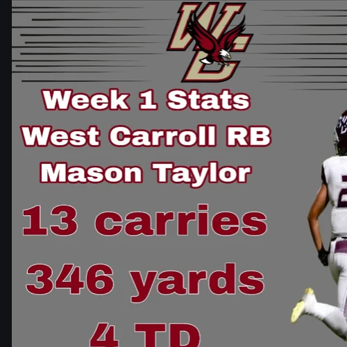 Mason Taylor Week 1 statistics graphic showing 13 carries, 346 yards, and 4 touchdowns